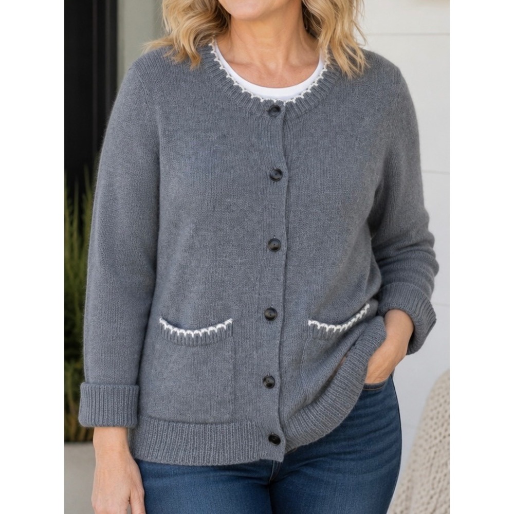 LOFT Gray Button Front Cardigan XL NWT Scalloped Trim Pockets Sweater